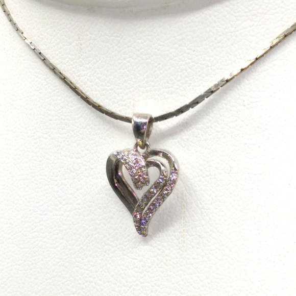 Vintage Pave CZ Heart Pendant with Double Scroll Elegant Design on Silver Tone - Picture 4 of 6